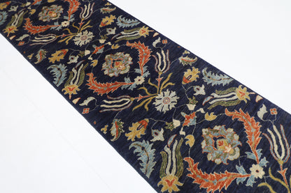 87 x 298 cm | Navy Blue Runner Rug Afghan Hand Knotted Veg Dye Wool carpet