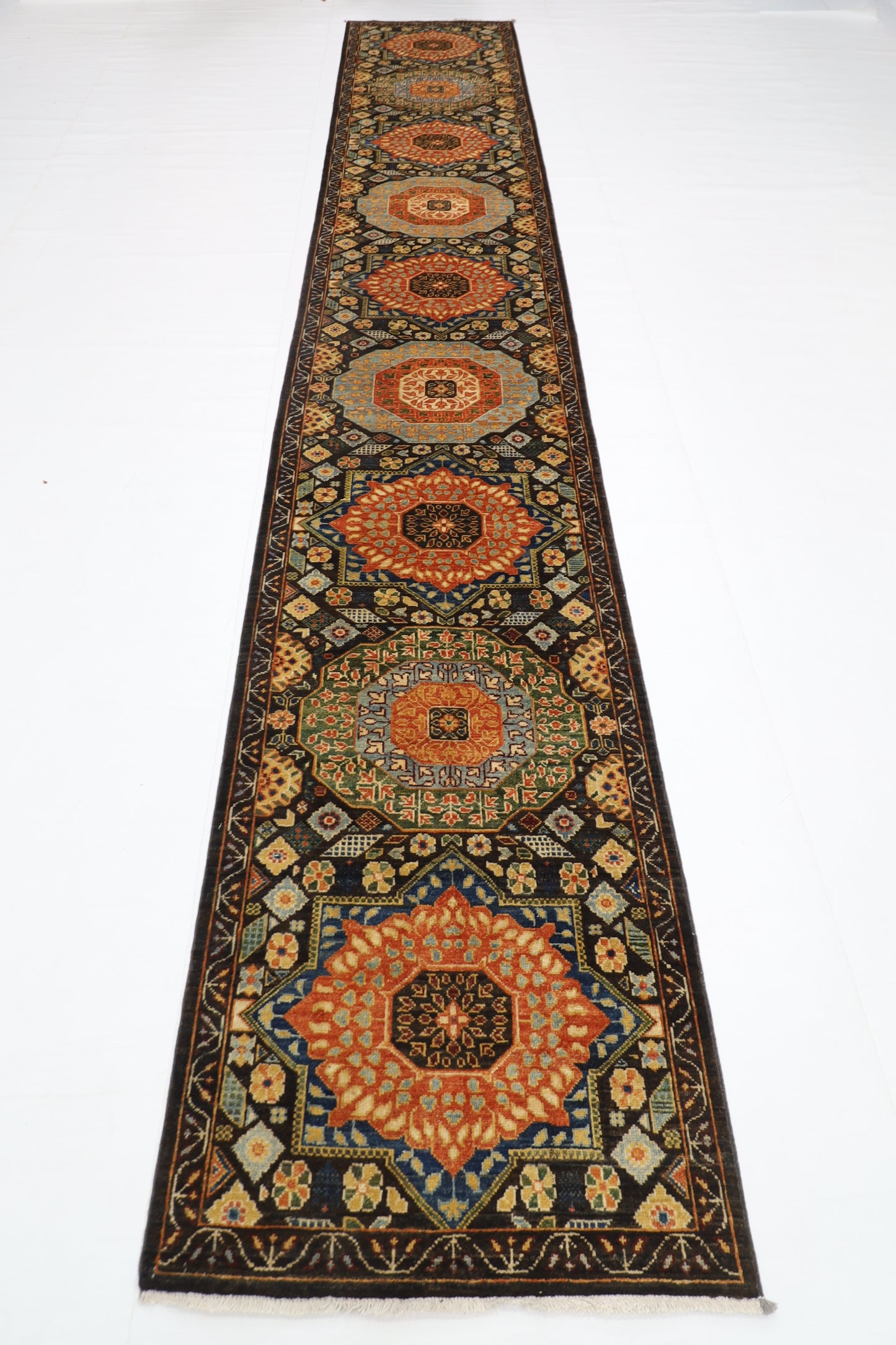 76 x 457 cm | Dark Brown Runner Rug Afghan Hand Knotted Veg Dye Wool carpet