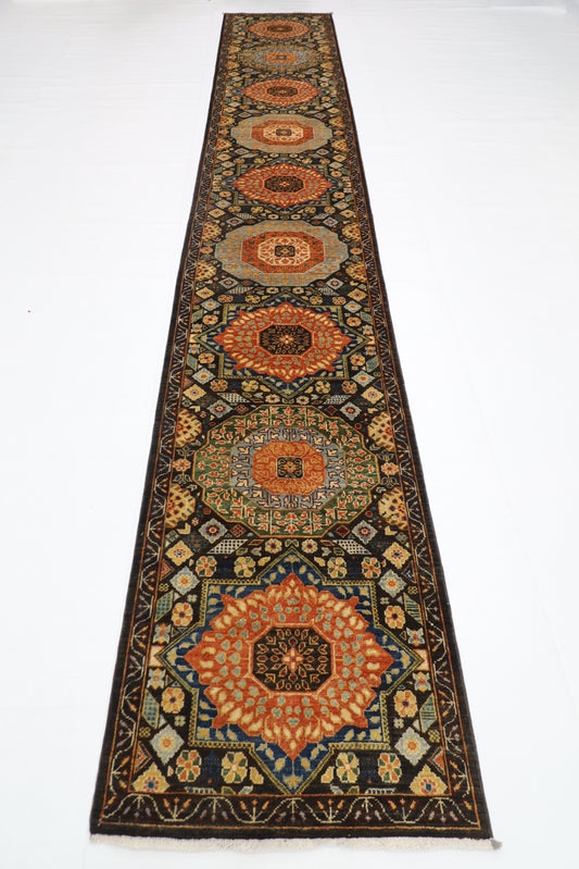76 x 457 cm | Dark Brown Runner Rug Afghan Hand Knotted Veg Dye Wool carpet