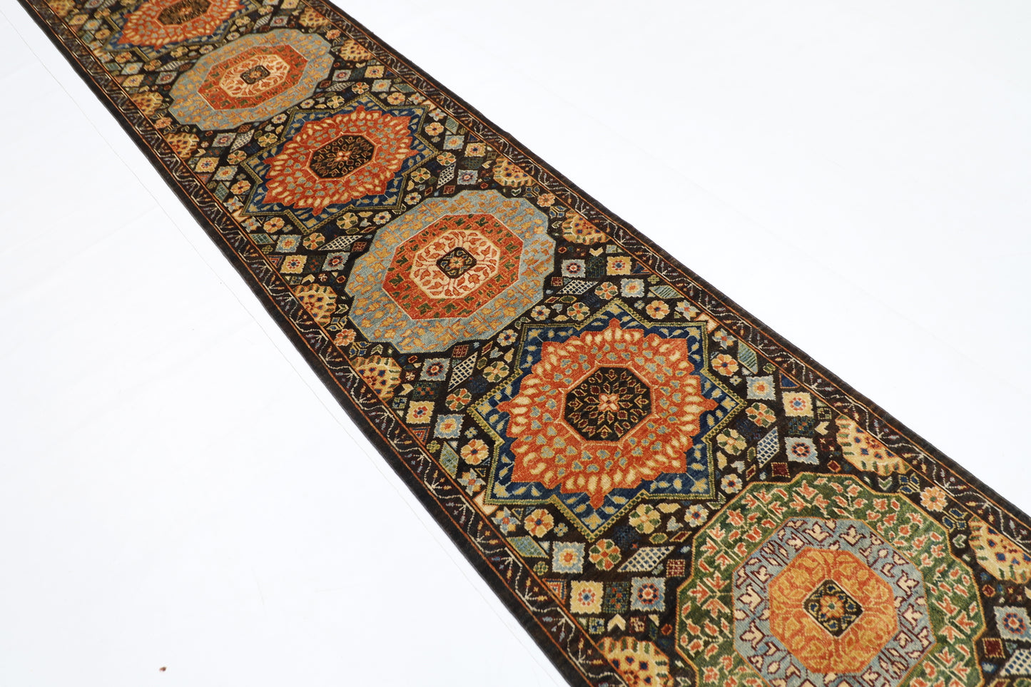 76 x 457 cm | Dark Brown Runner Rug Afghan Hand Knotted Veg Dye Wool carpet