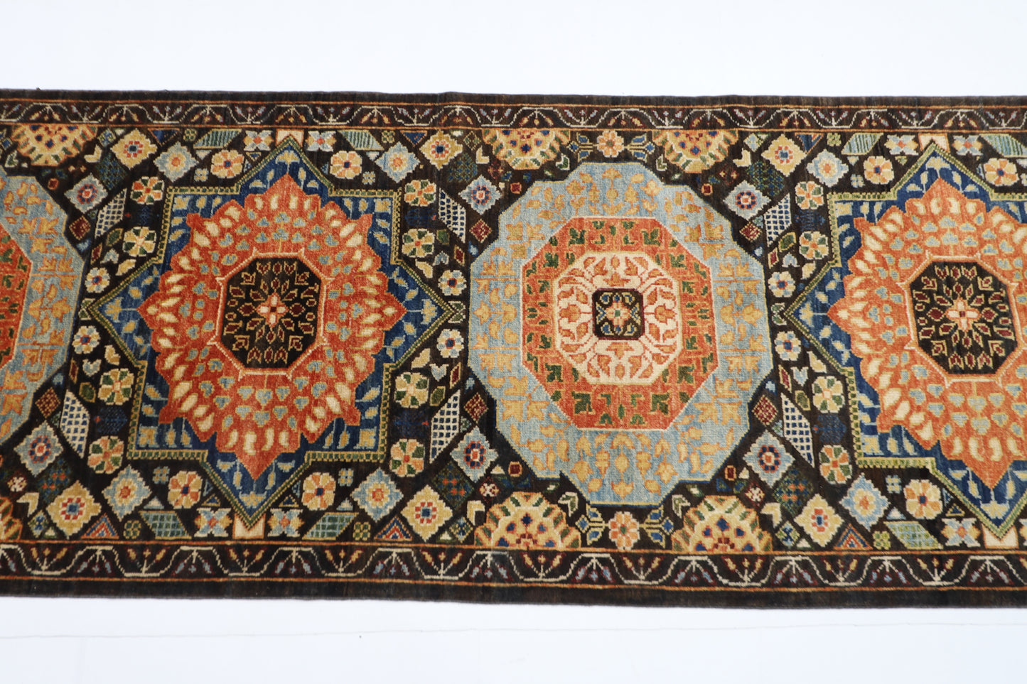 76 x 457 cm | Dark Brown Runner Rug Afghan Hand Knotted Veg Dye Wool carpet