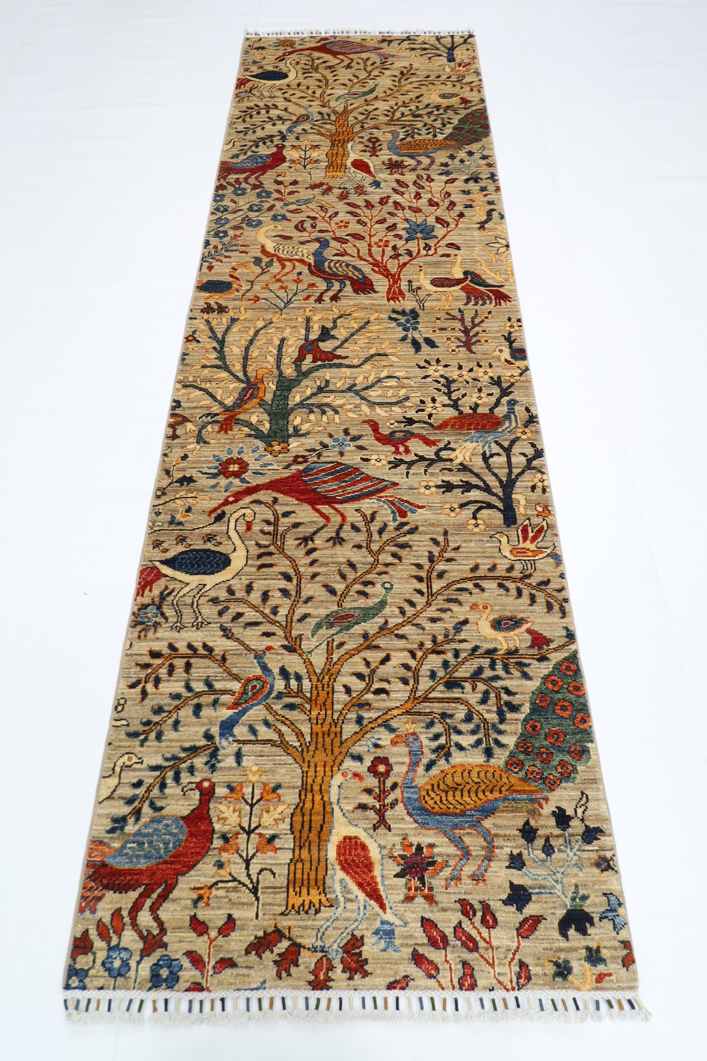 88 x 298 cm | Birds Runner Rug Afghan Hand Knotted Veg Dye Wool carpet