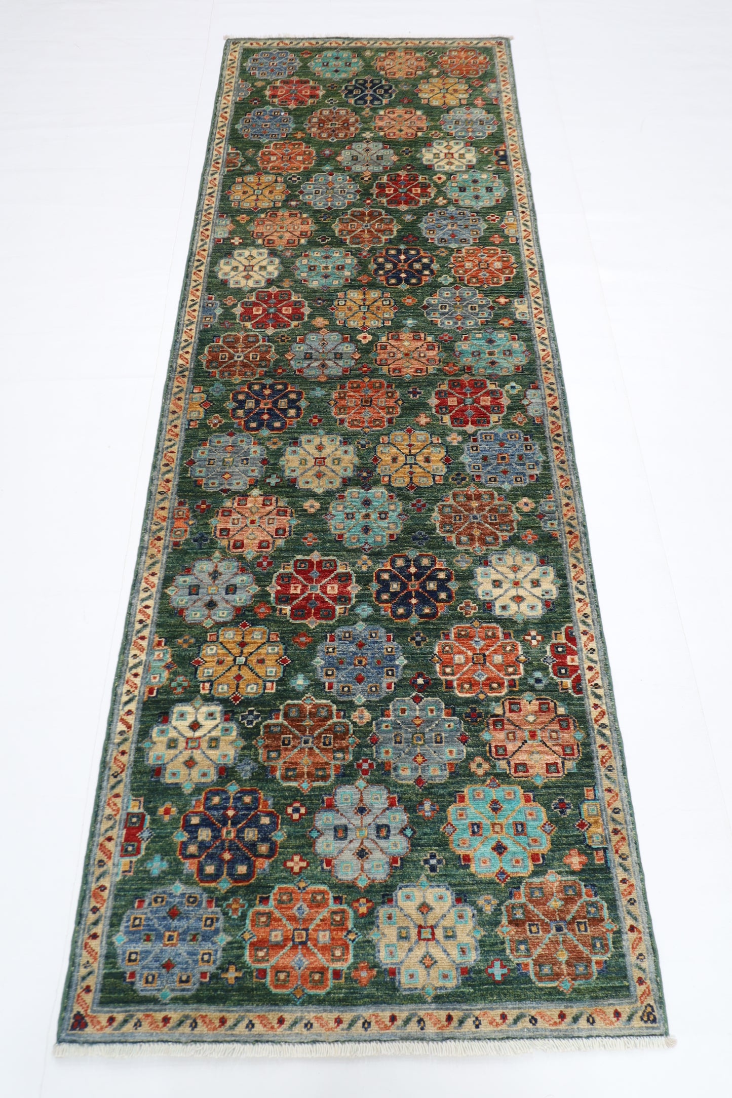 84 x 248 cm | Green Runner Rug Afghan Hand Knotted Veg Dye Wool carpet