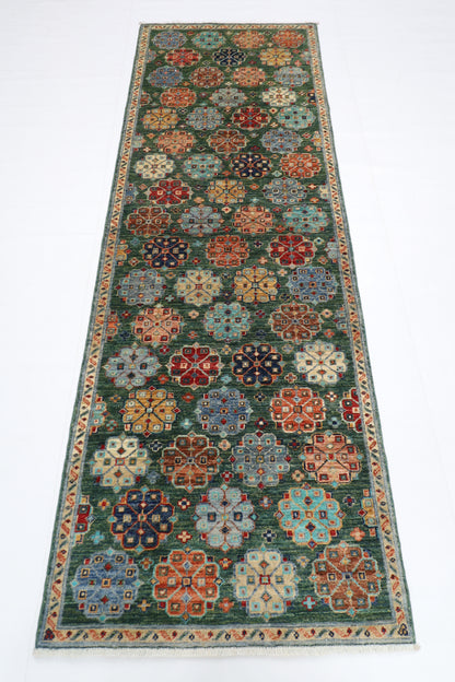 84 x 248 cm | Green Runner Rug Afghan Hand Knotted Veg Dye Wool carpet