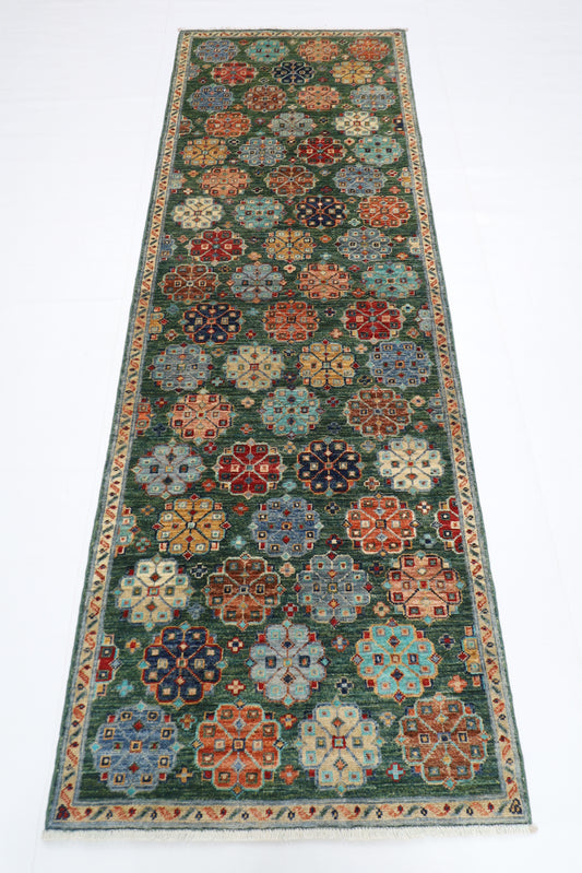 84 x 248 cm | Green Runner Rug Afghan Hand Knotted Veg Dye Wool carpet