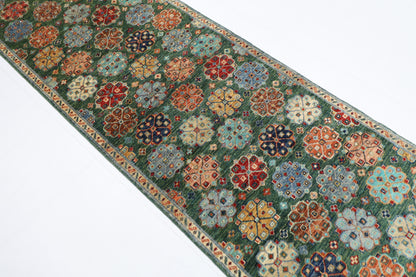 84 x 248 cm | Green Runner Rug Afghan Hand Knotted Veg Dye Wool carpet