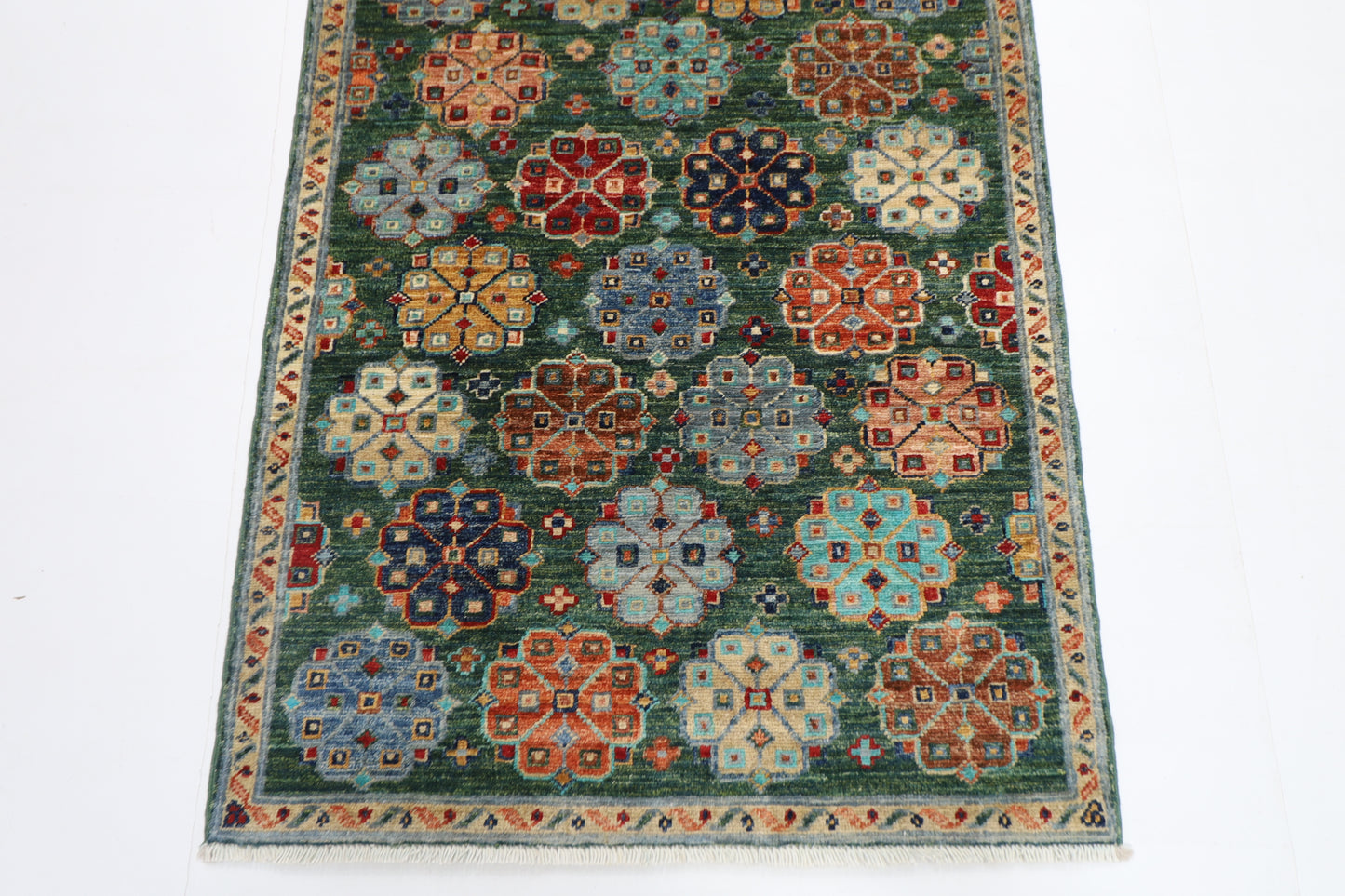 84 x 248 cm | Green Runner Rug Afghan Hand Knotted Veg Dye Wool carpet