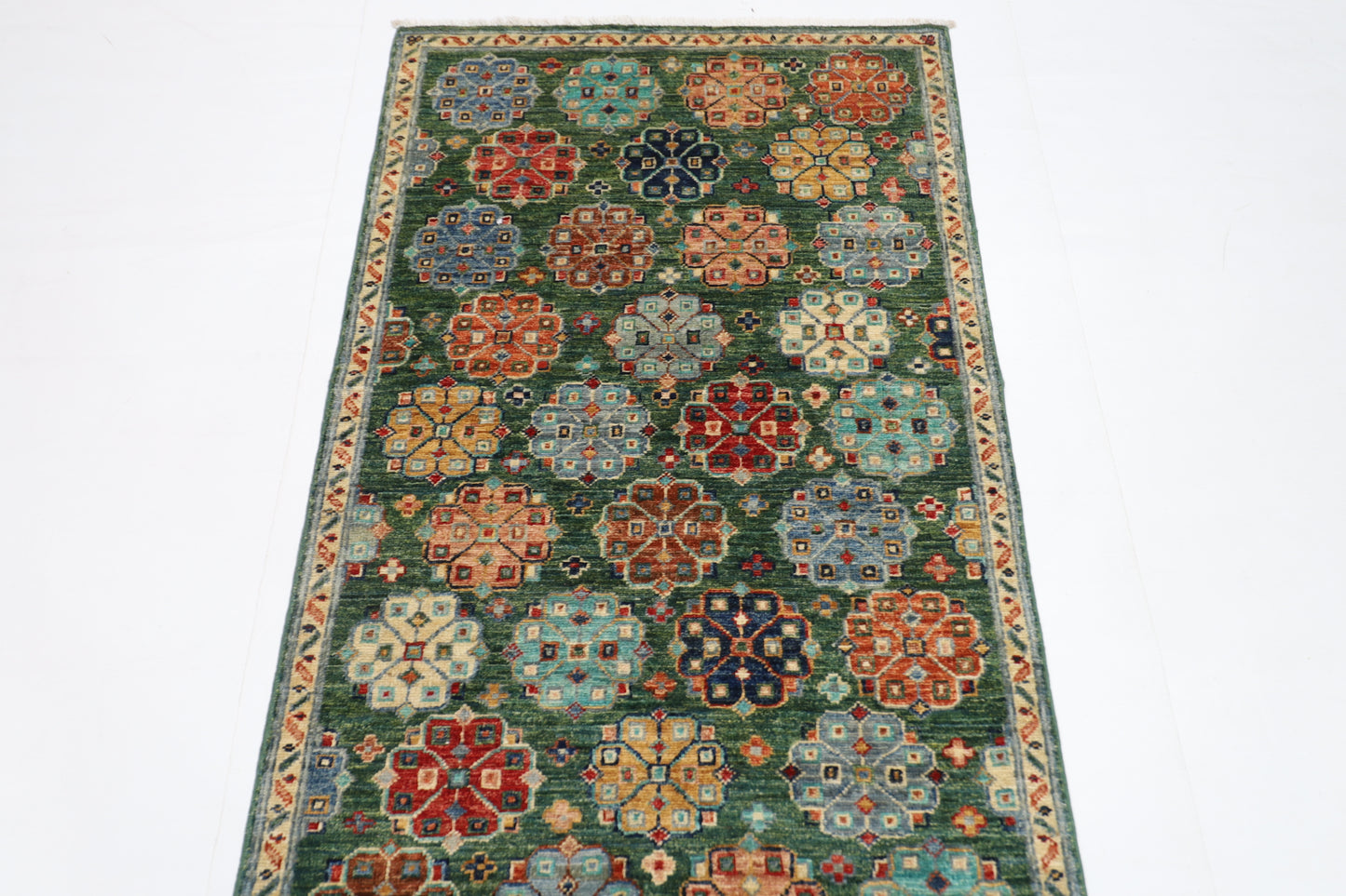 84 x 248 cm | Green Runner Rug Afghan Hand Knotted Veg Dye Wool carpet