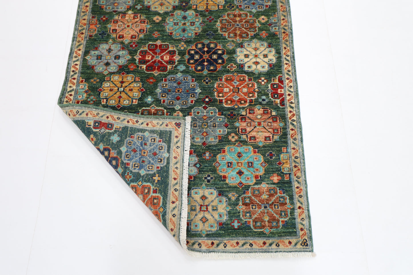 84 x 248 cm | Green Runner Rug Afghan Hand Knotted Veg Dye Wool carpet
