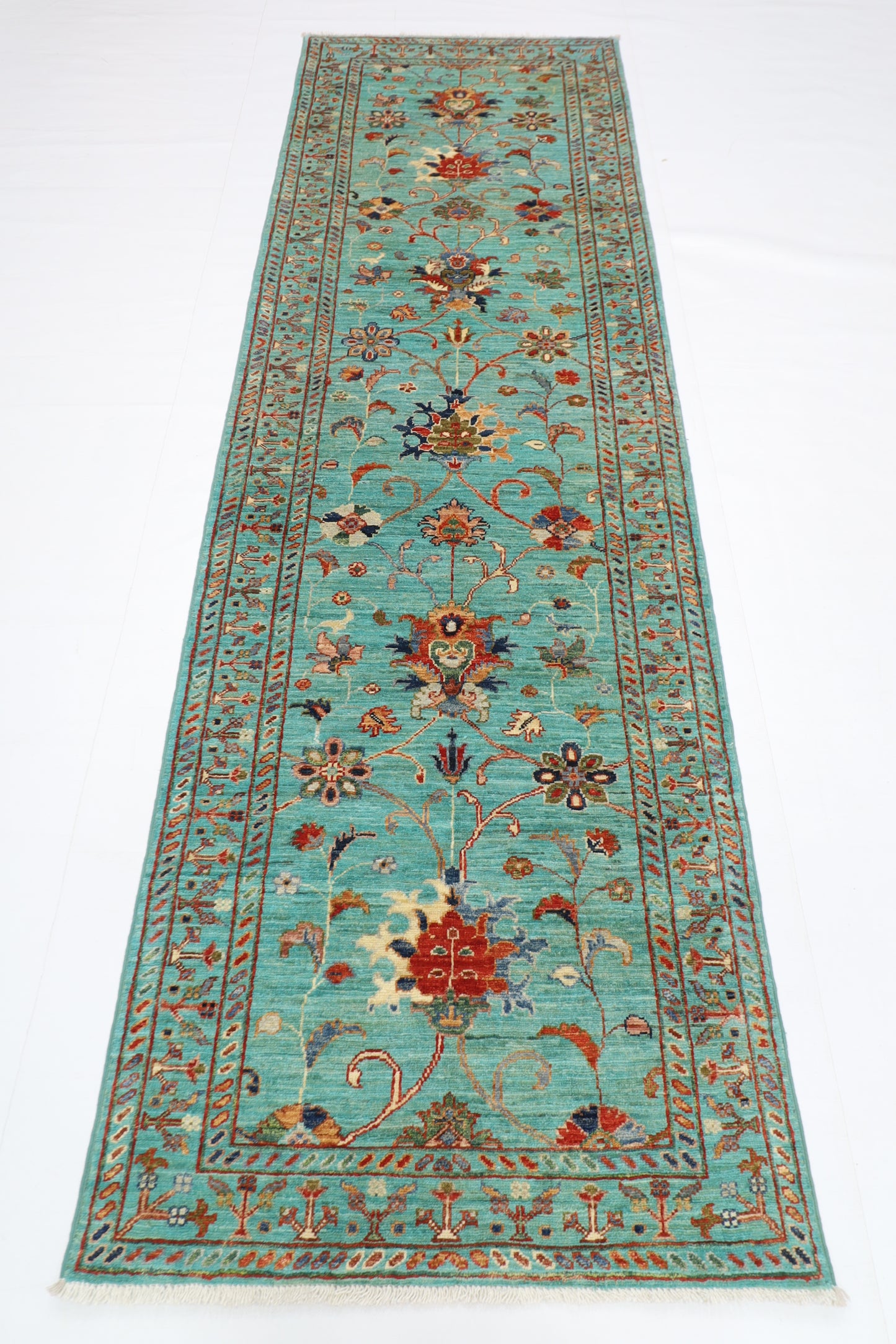 85 x 279 cm | Turquoise Runner Rug Afghan Hand Knotted Veg Dye Wool carpet
