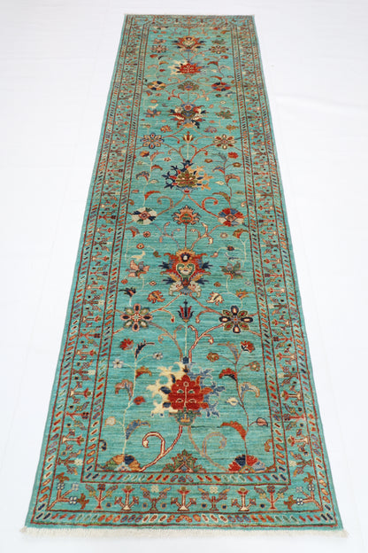 85 x 279 cm | Turquoise Runner Rug Afghan Hand Knotted Veg Dye Wool carpet