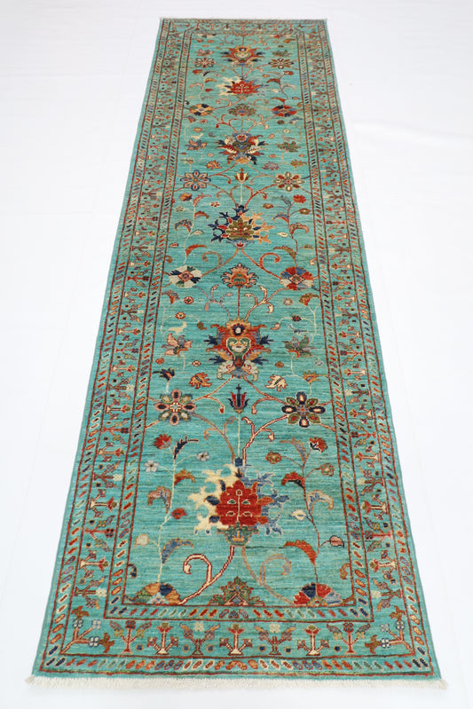 85 x 279 cm | Turquoise Runner Rug Afghan Hand Knotted Veg Dye Wool carpet