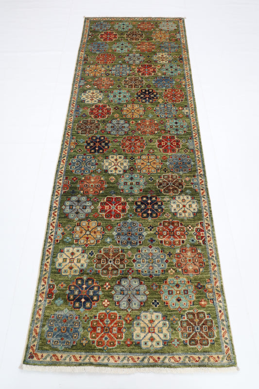 83 x 248 cm | Green Runner Rug Afghan Hand Knotted Veg Dye Wool carpet