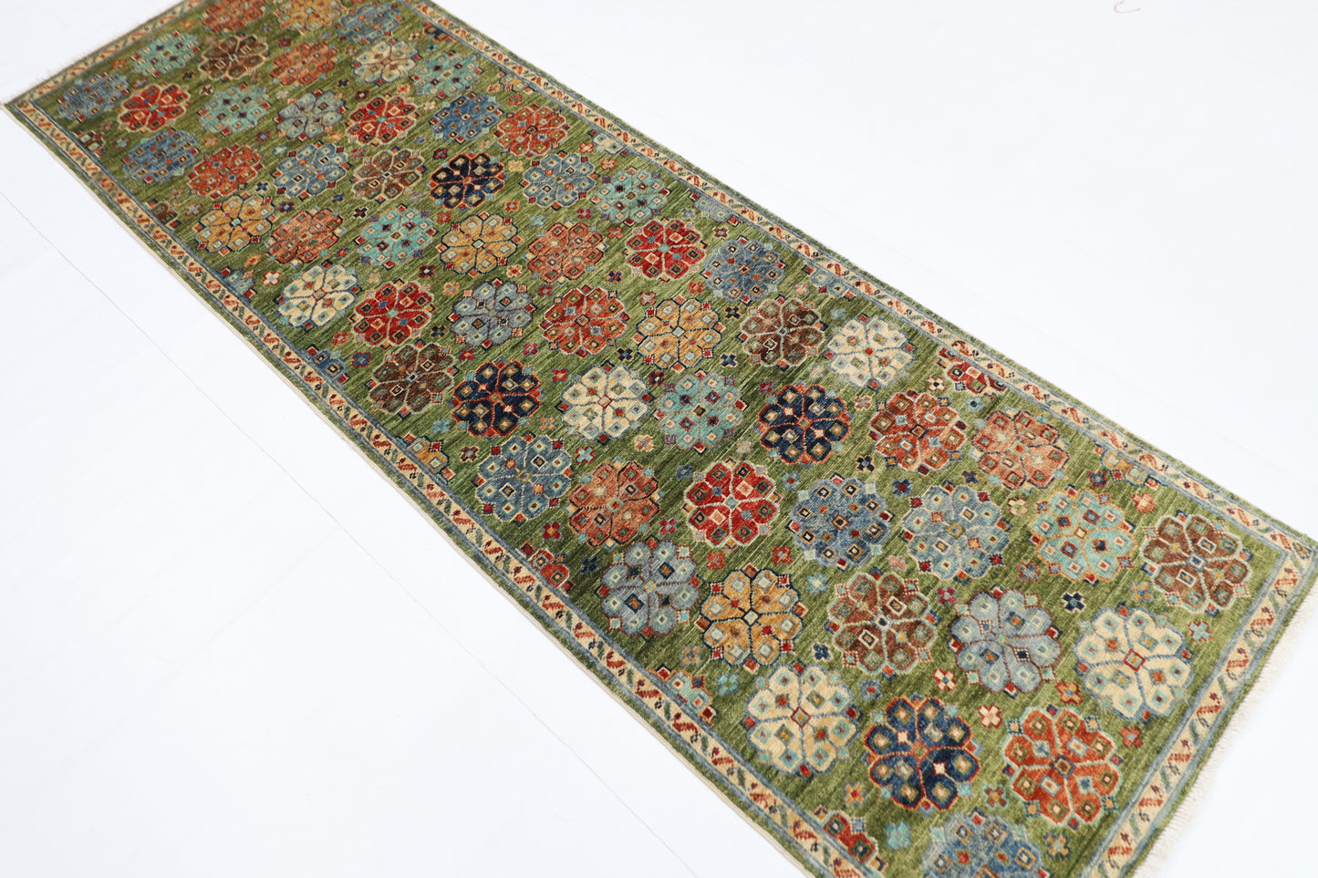 83 x 248 cm | Green Runner Rug Afghan Hand Knotted Veg Dye Wool carpet