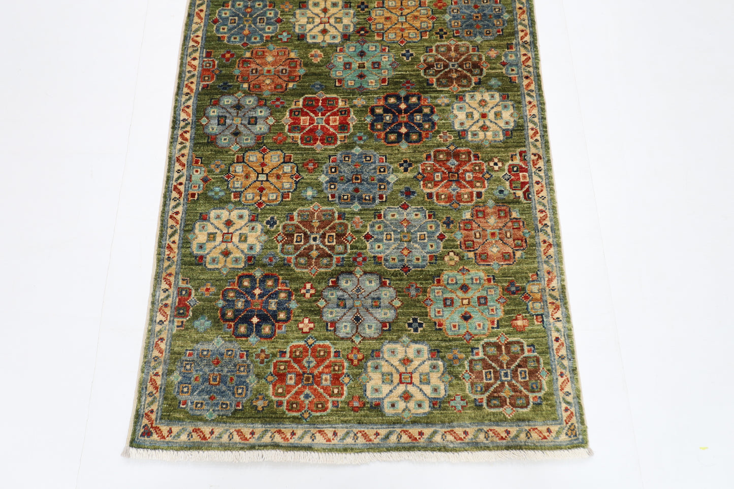 83 x 248 cm | Green Runner Rug Afghan Hand Knotted Veg Dye Wool carpet