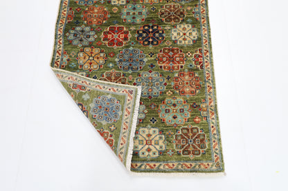 83 x 248 cm | Green Runner Rug Afghan Hand Knotted Veg Dye Wool carpet