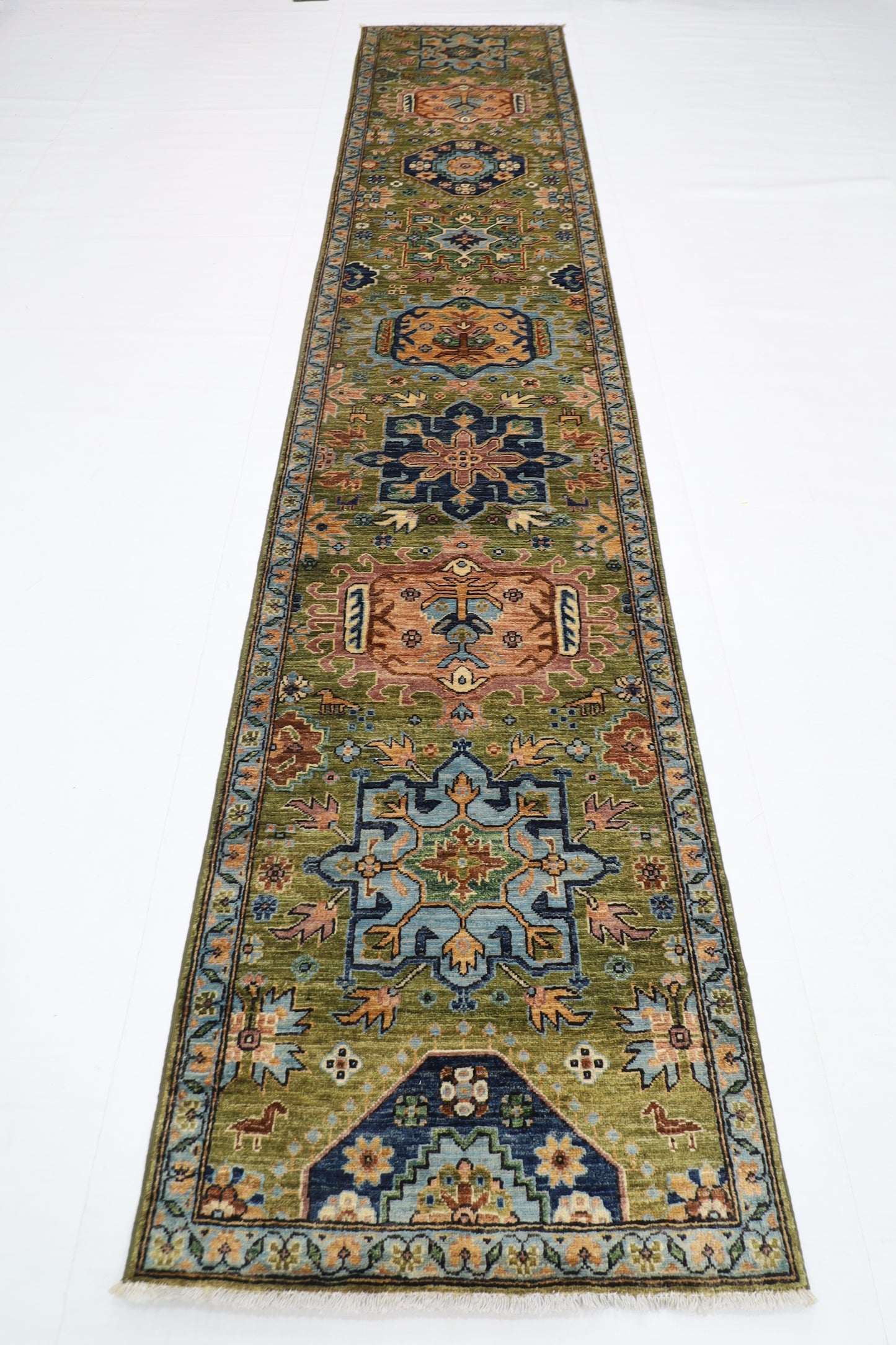 84 x 417 cm | Green Runner Rug Afghan Hand Knotted Veg Dye Wool carpet