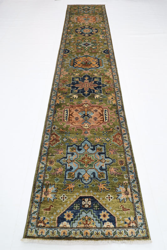 84 x 417 cm | Green Runner Rug Afghan Hand Knotted Veg Dye Wool carpet