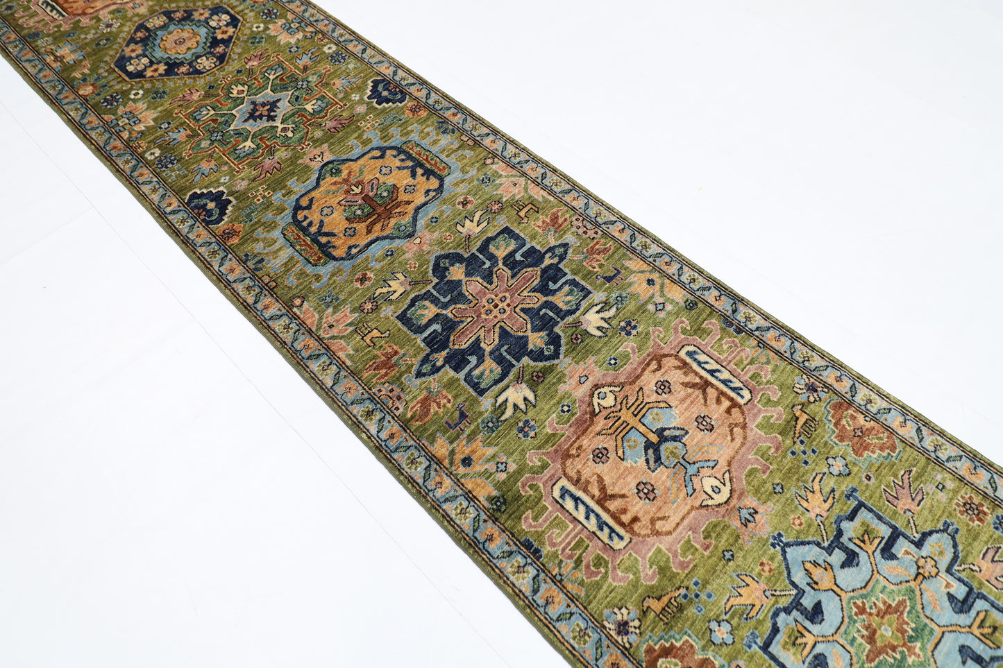 84 x 417 cm | Green Runner Rug Afghan Hand Knotted Veg Dye Wool carpet