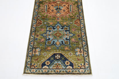 84 x 417 cm | Green Runner Rug Afghan Hand Knotted Veg Dye Wool carpet