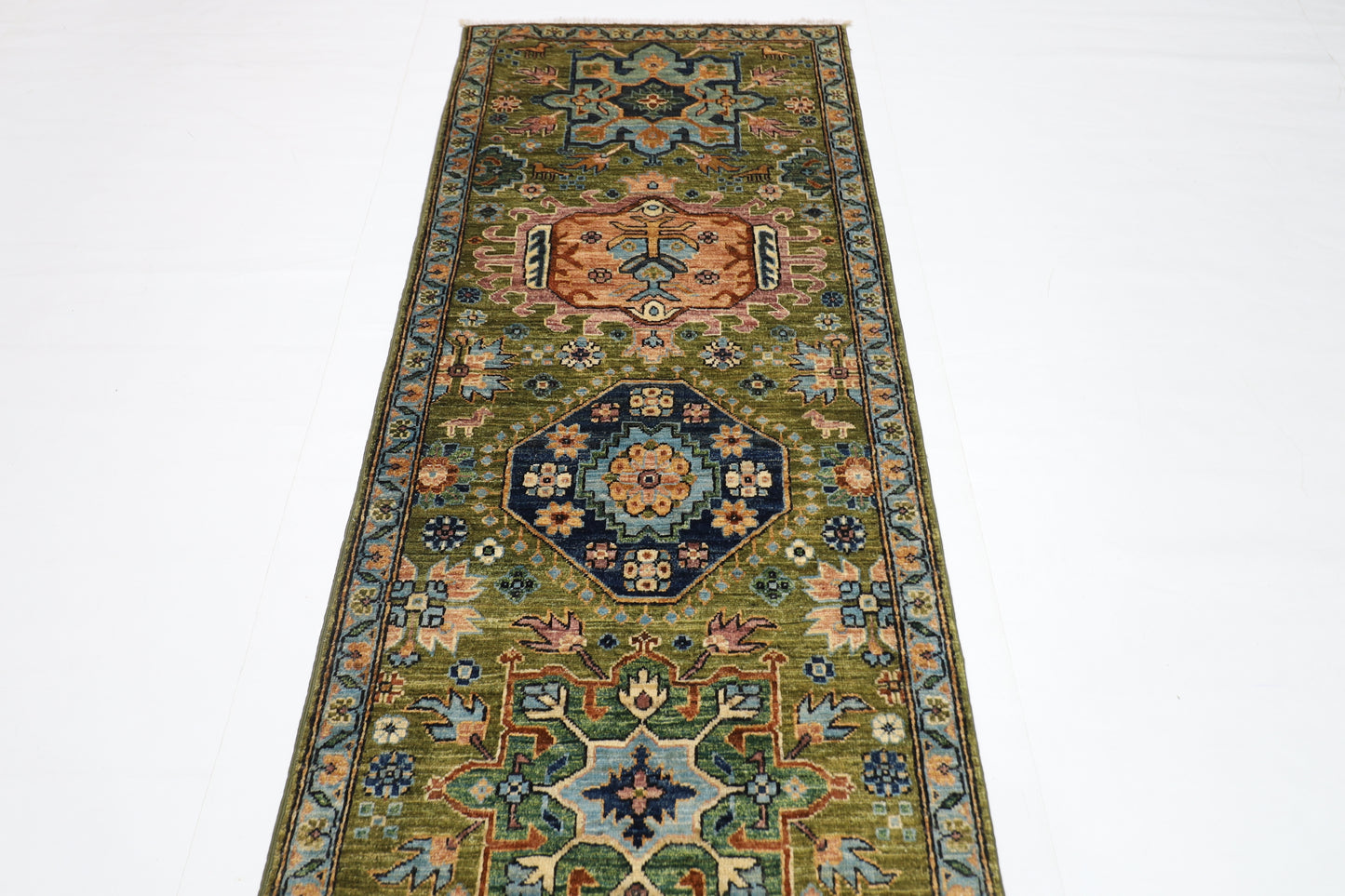 84 x 417 cm | Green Runner Rug Afghan Hand Knotted Veg Dye Wool carpet