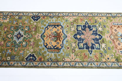 84 x 417 cm | Green Runner Rug Afghan Hand Knotted Veg Dye Wool carpet