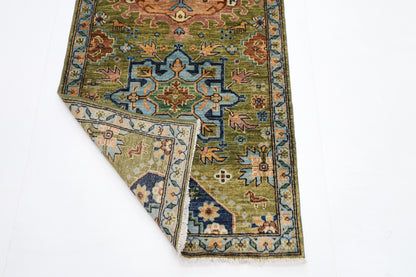 84 x 417 cm | Green Runner Rug Afghan Hand Knotted Veg Dye Wool carpet