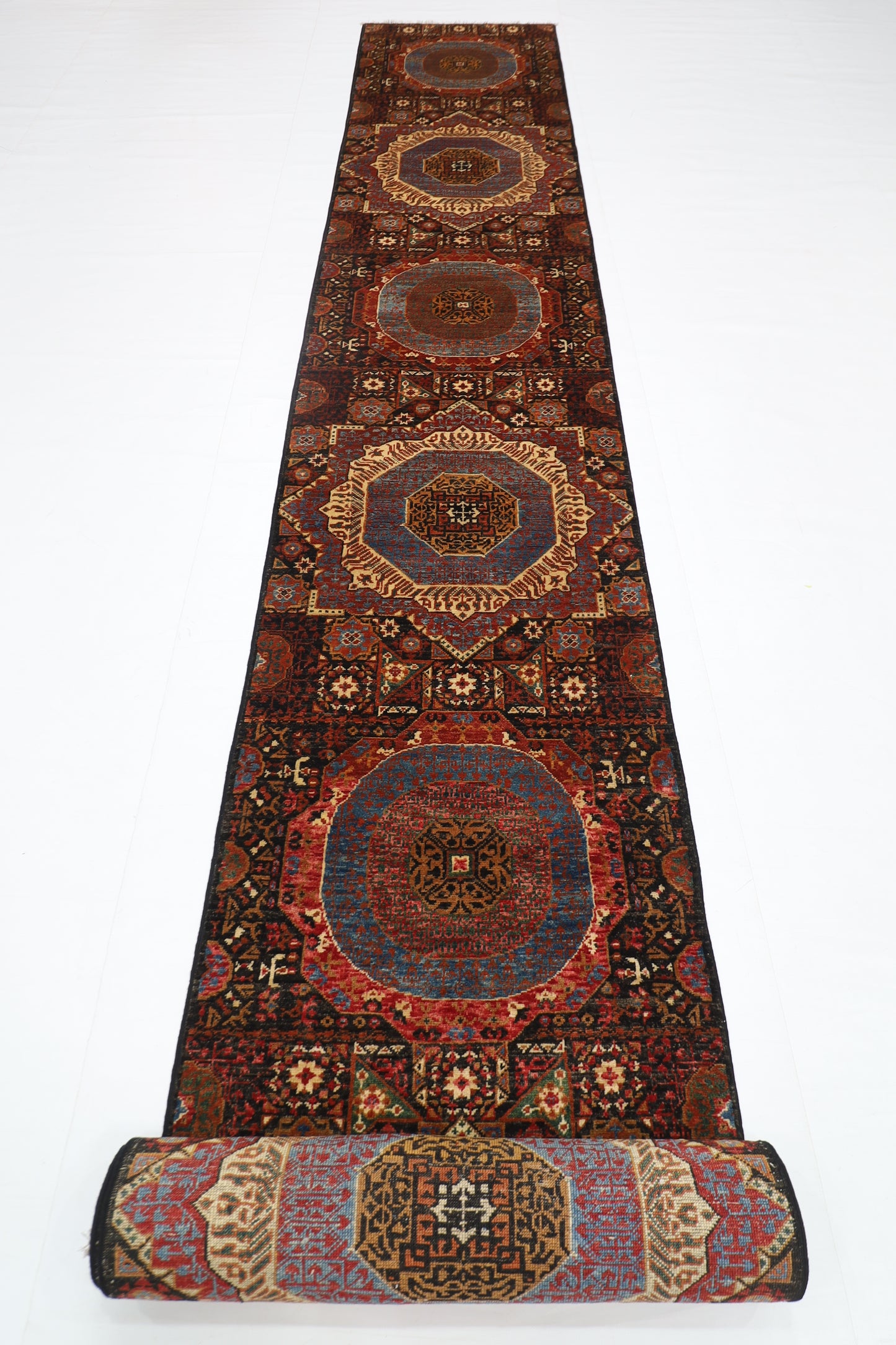 78 x 675 cm | Black Mamluk Runner Rug Afghan Hand Knotted Veg Dye Wool carpet