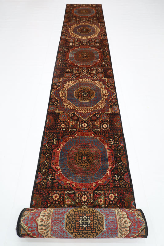 78 x 675 cm | Black Mamluk Runner Rug Afghan Hand Knotted Veg Dye Wool carpet