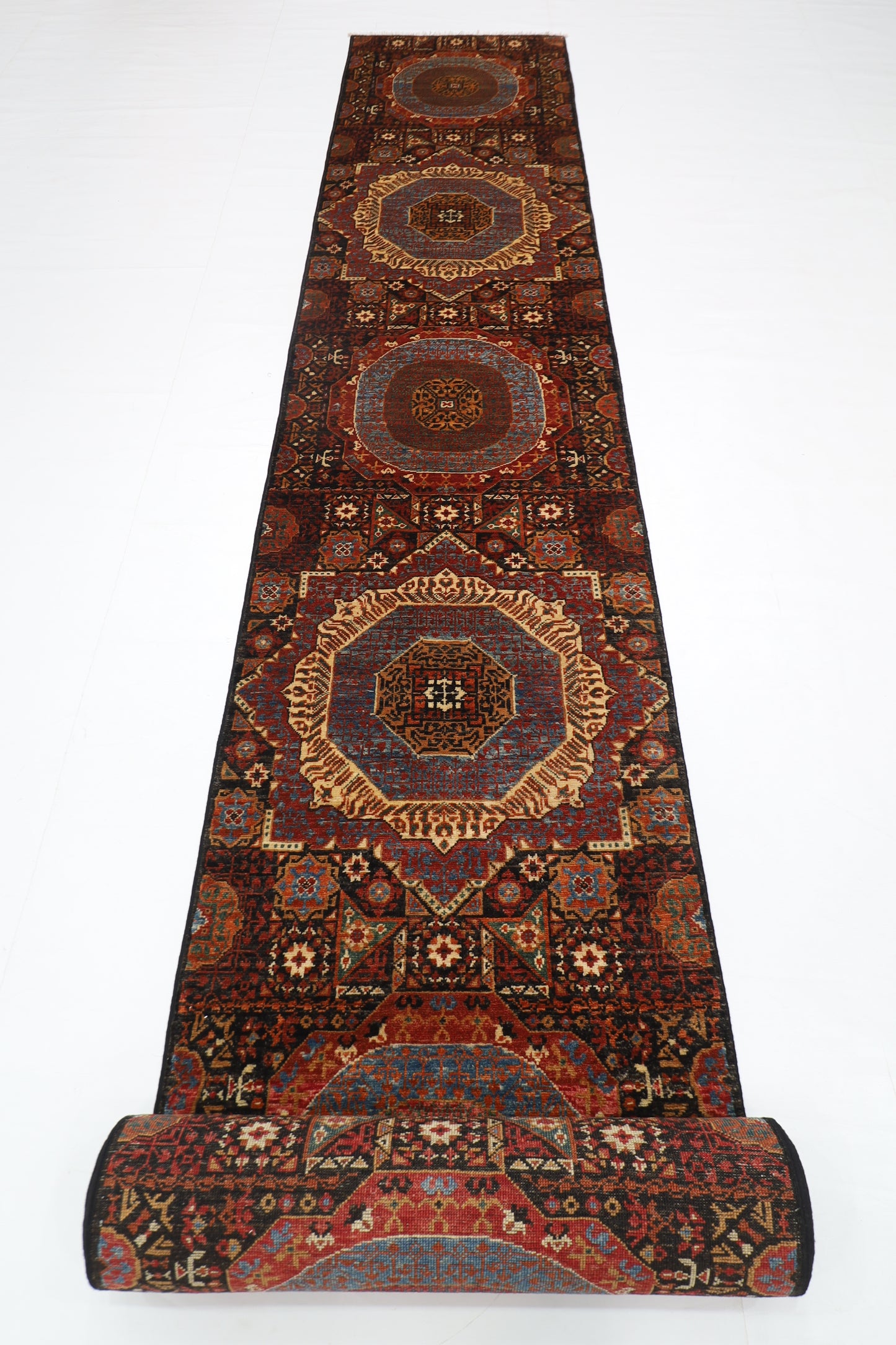 77 x 674 cm | Black Mamluk Runner Rug Afghan Hand Knotted Veg Dye Wool carpet