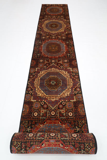 77 x 674 cm | Black Mamluk Runner Rug Afghan Hand Knotted Veg Dye Wool carpet