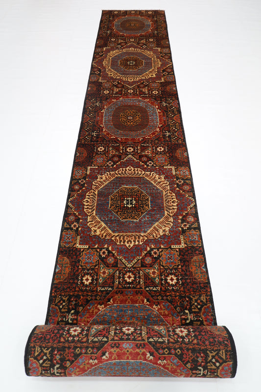 77 x 674 cm | Black Mamluk Runner Rug Afghan Hand Knotted Veg Dye Wool carpet