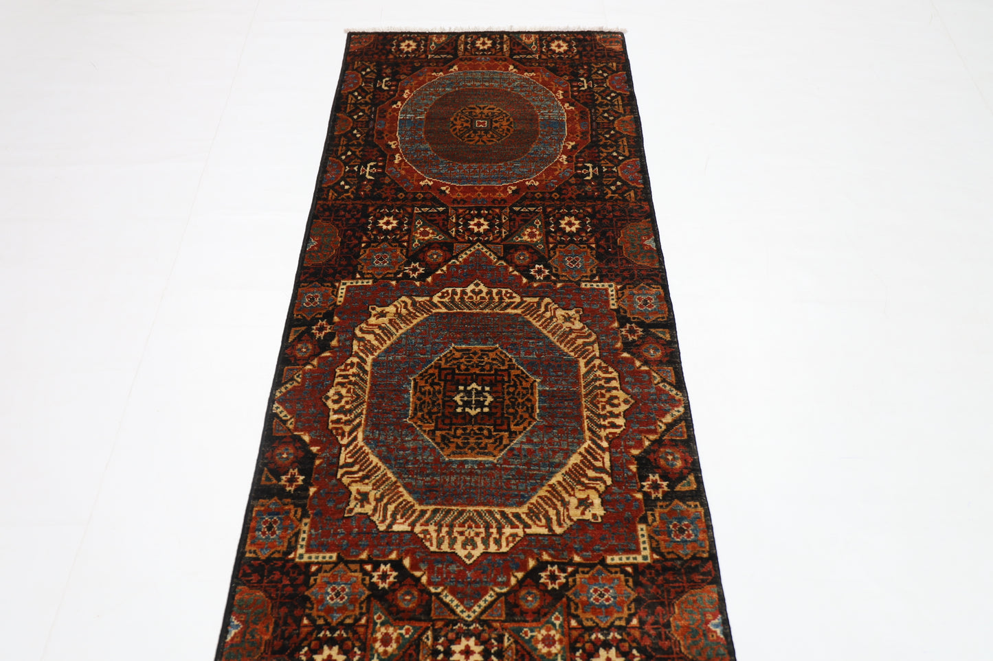 77 x 674 cm | Black Mamluk Runner Rug Afghan Hand Knotted Veg Dye Wool carpet