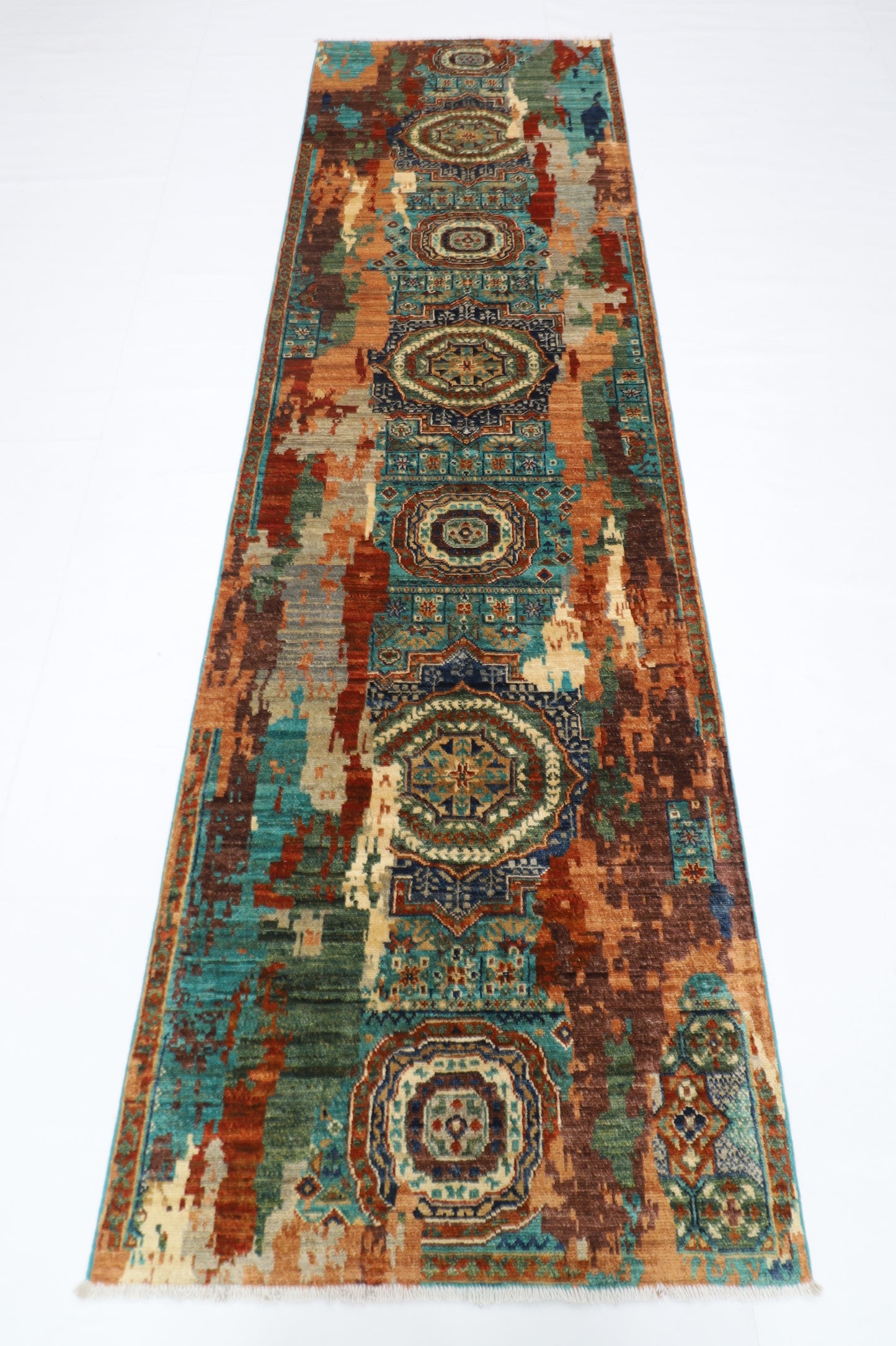86 x 292 cm | Abstract Mamluk Runner Rug Afghan Hand Knotted Veg Dye Wool carpet