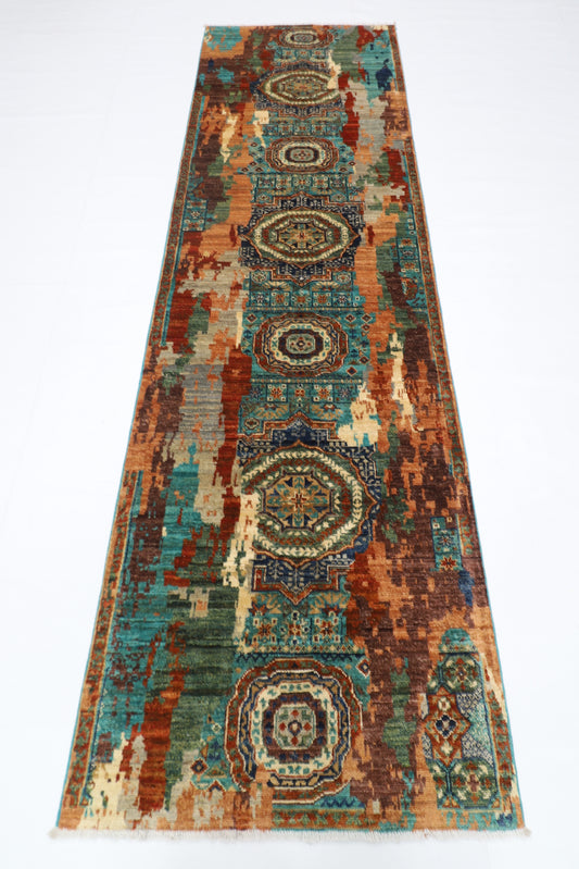 86 x 292 cm | Abstract Mamluk Runner Rug Afghan Hand Knotted Veg Dye Wool carpet