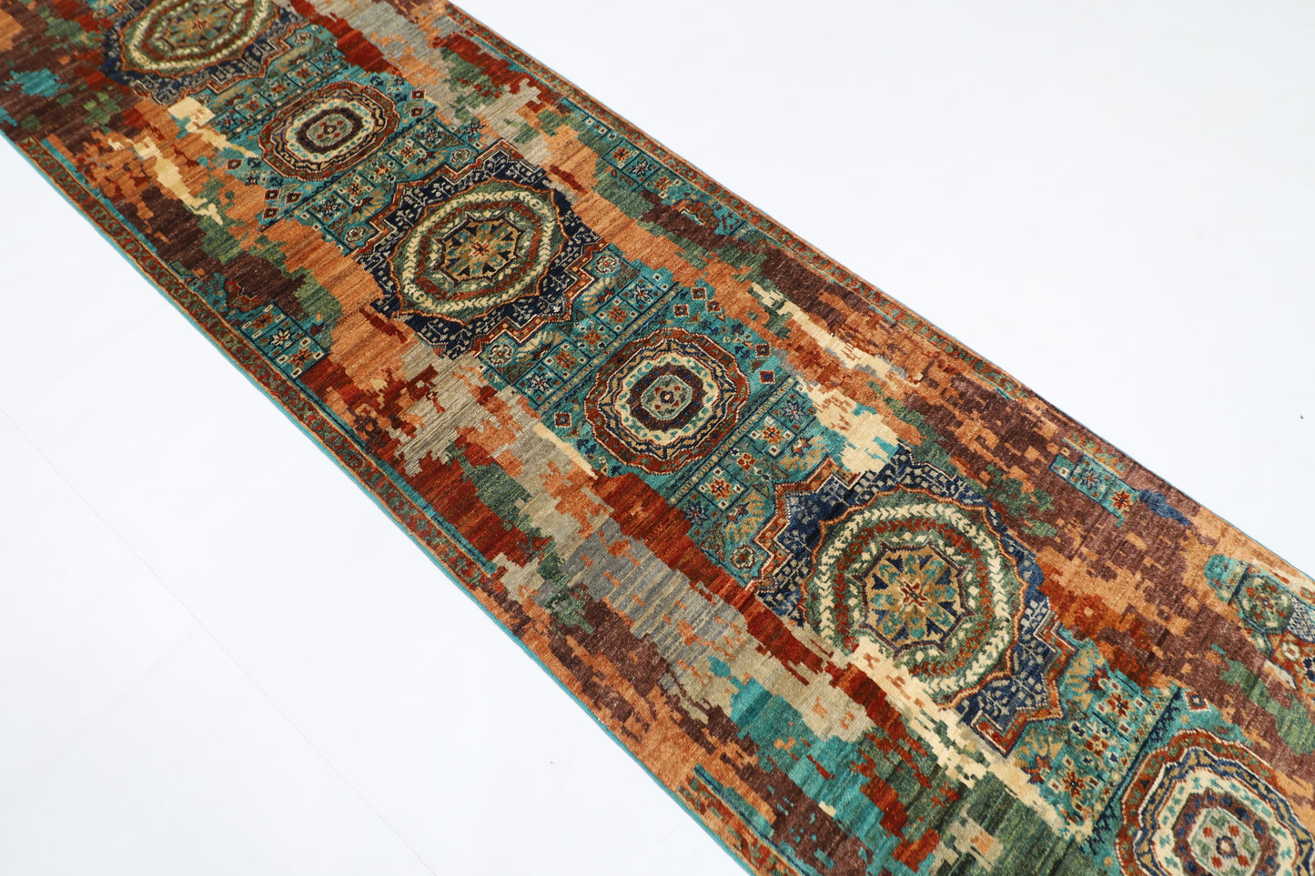 86 x 292 cm | Abstract Mamluk Runner Rug Afghan Hand Knotted Veg Dye Wool carpet