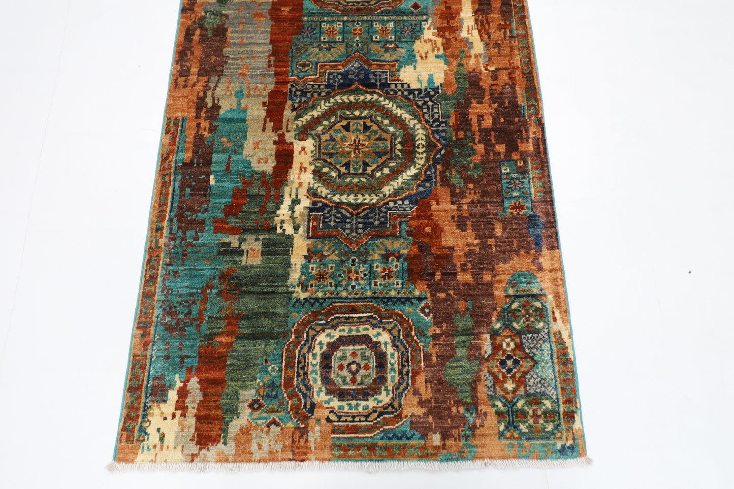 86 x 292 cm | Abstract Mamluk Runner Rug Afghan Hand Knotted Veg Dye Wool carpet