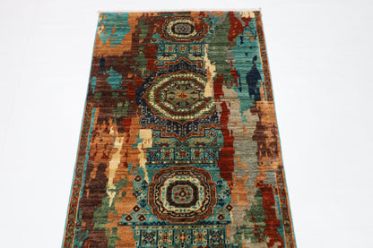 86 x 292 cm | Abstract Mamluk Runner Rug Afghan Hand Knotted Veg Dye Wool carpet