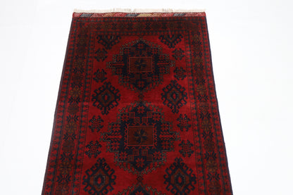 88 x 210 cm | Red Runner Rug Afghan Hand Knotted Veg Dye Wool carpet