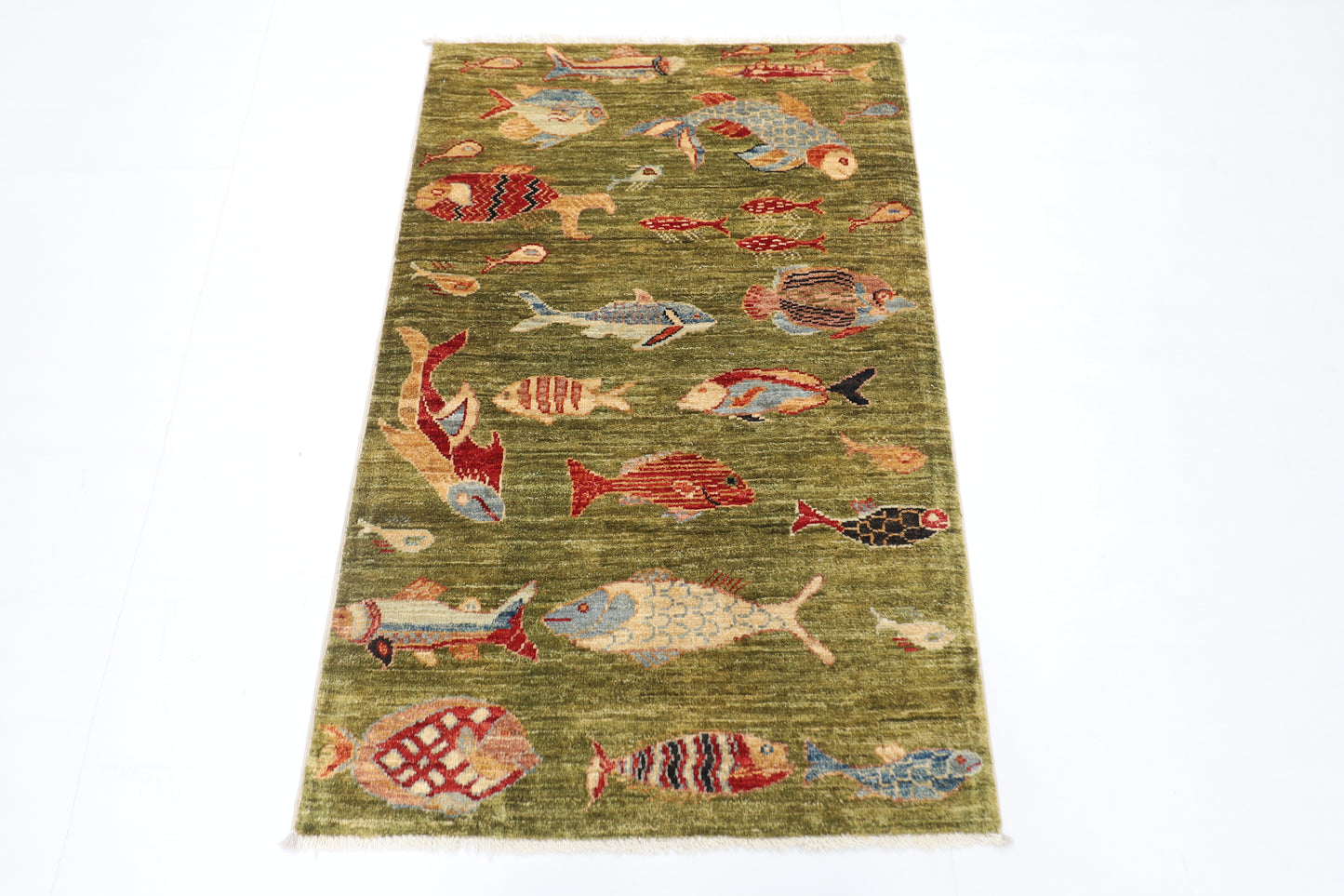 80 x 126 cm | Fish Party Rug Afghan Hand Knotted Veg Dye Wool carpet
