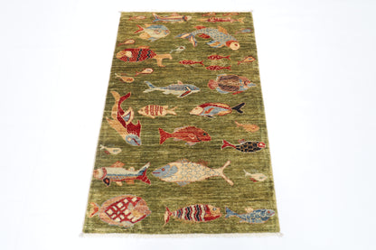 80 x 126 cm | Fish Party Rug Afghan Hand Knotted Veg Dye Wool carpet