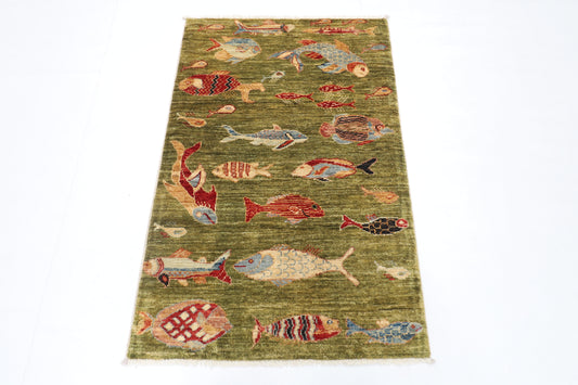 80 x 126 cm | Fish Party Rug Afghan Hand Knotted Veg Dye Wool carpet