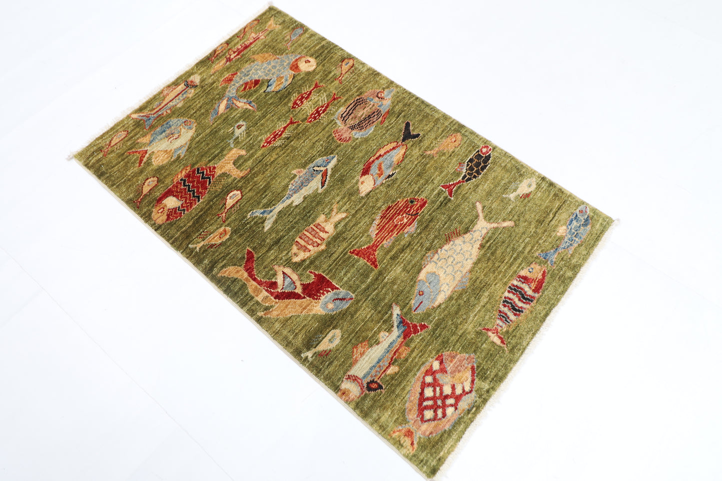 80 x 126 cm | Fish Party Rug Afghan Hand Knotted Veg Dye Wool carpet