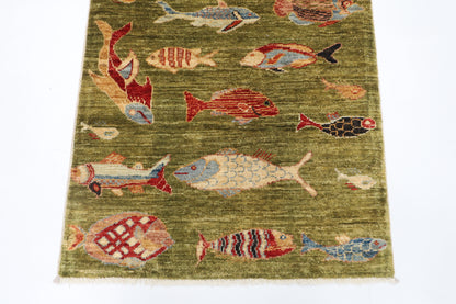 80 x 126 cm | Fish Party Rug Afghan Hand Knotted Veg Dye Wool carpet