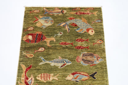 80 x 126 cm | Fish Party Rug Afghan Hand Knotted Veg Dye Wool carpet