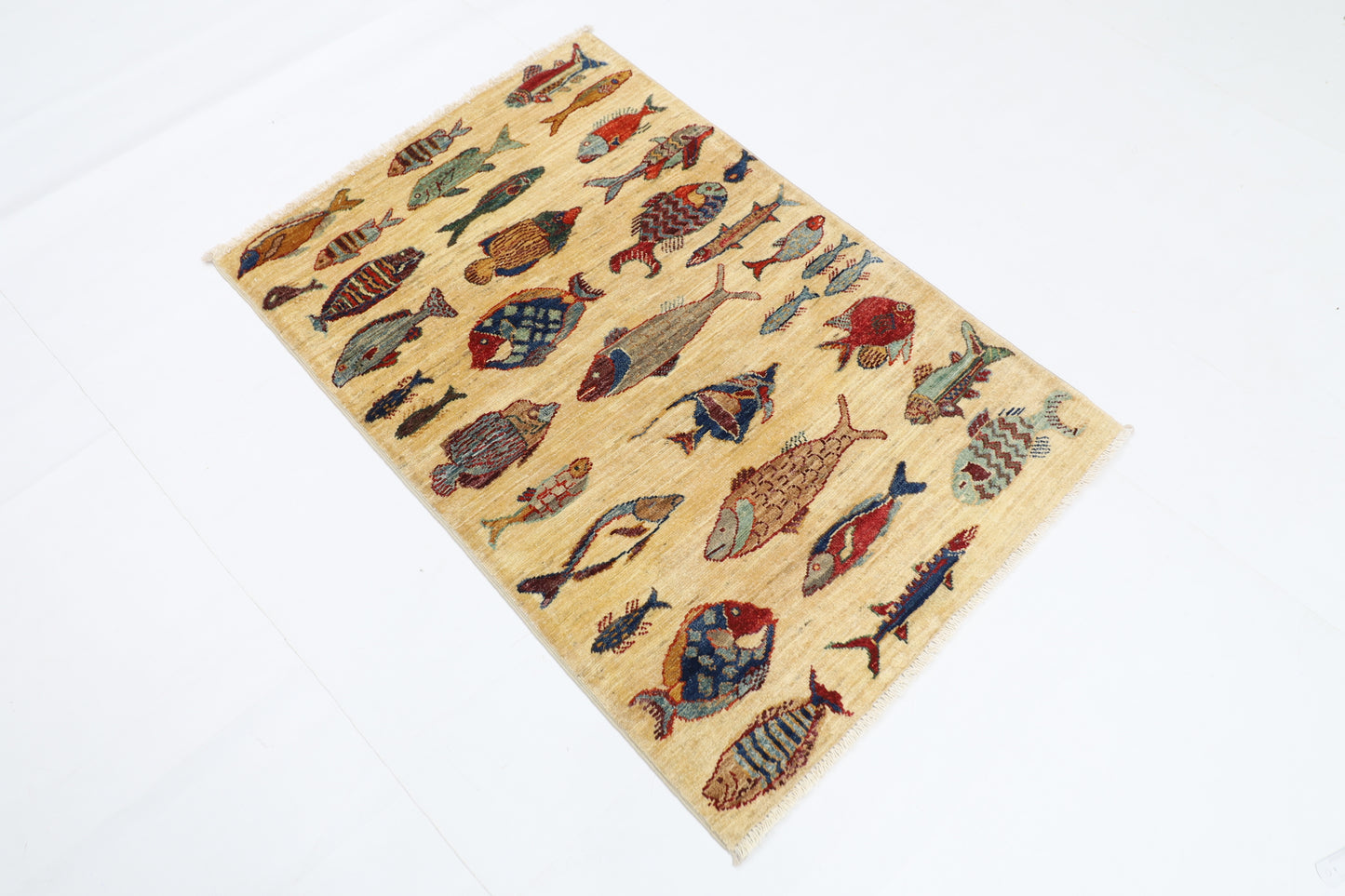 83 x 123 cm | Fish Party Rug Afghan Hand Knotted Veg Dye Wool carpet