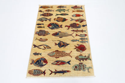 83 x 123 cm | Fish Party Rug Afghan Hand Knotted Veg Dye Wool carpet