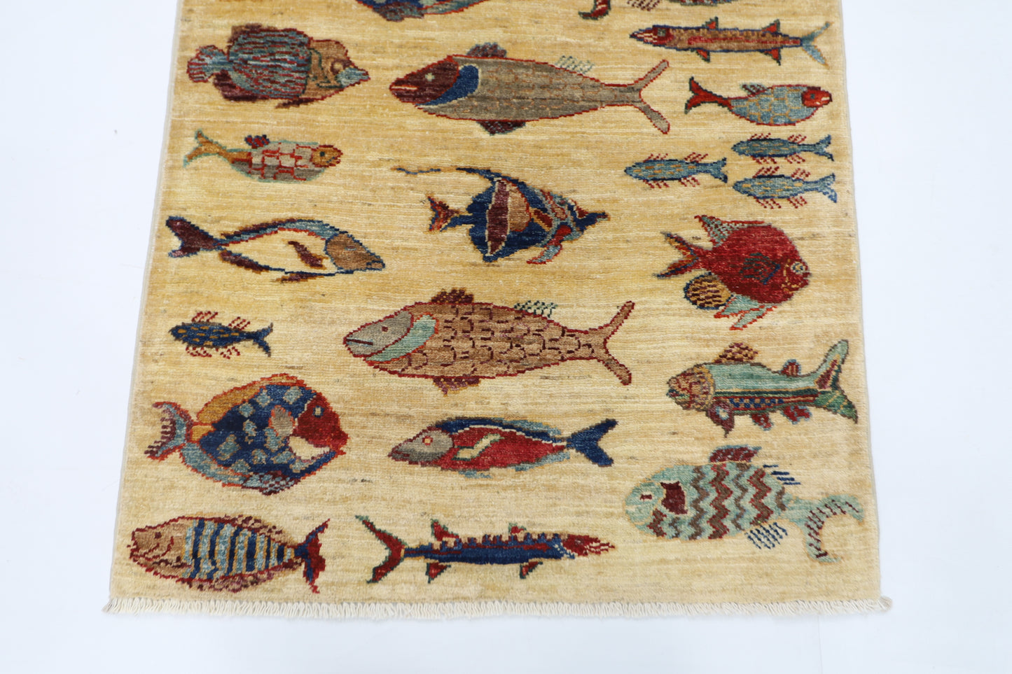 83 x 123 cm | Fish Party Rug Afghan Hand Knotted Veg Dye Wool carpet