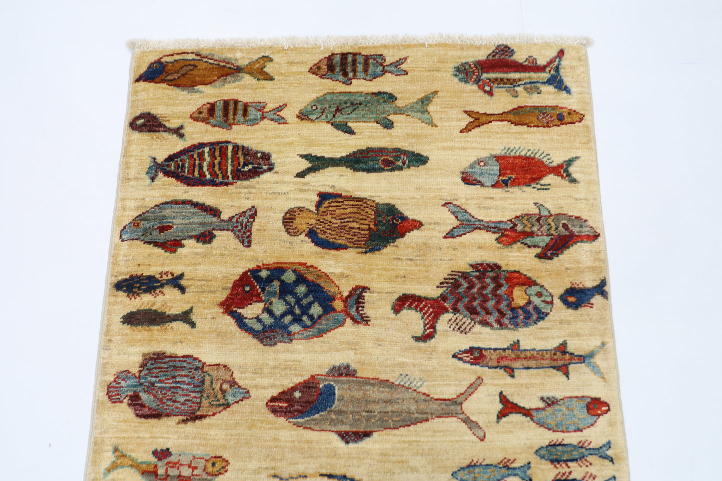 83 x 123 cm | Fish Party Rug Afghan Hand Knotted Veg Dye Wool carpet