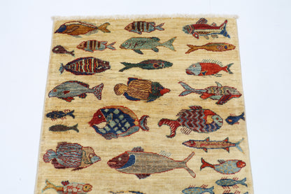 83 x 123 cm | Fish Party Rug Afghan Hand Knotted Veg Dye Wool carpet